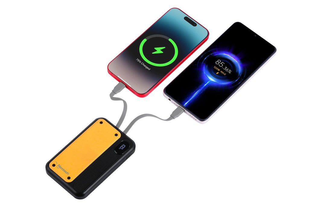 Nextech Pocket Rocket Power Bank 10,000mAh – Fast Charging, Built-in Type-C & Lightning Cables, Sporty Yellow