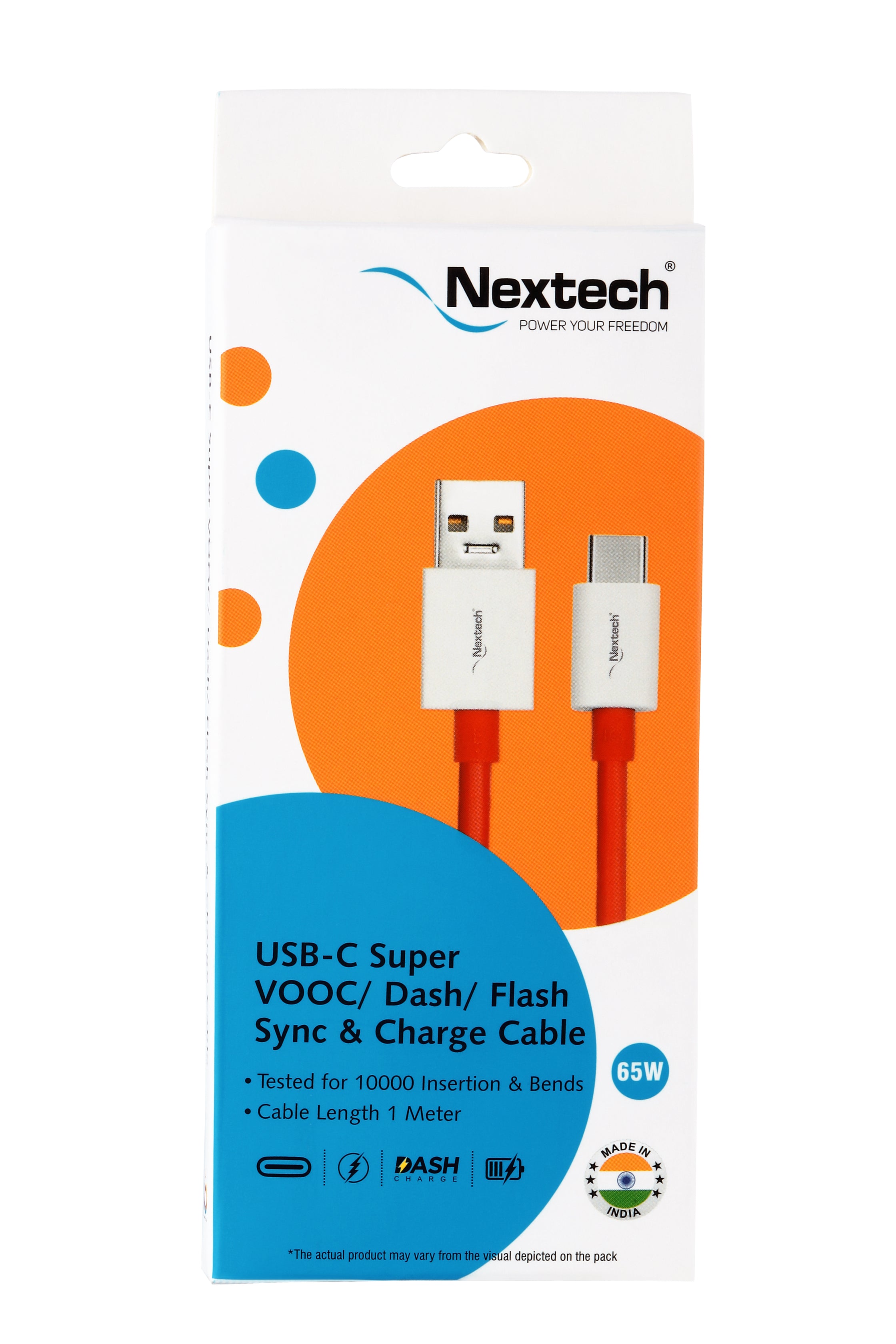 Nextech USB-A to USB-C 65W Fast Charging & Data Cable | VOOC/Dash Compatible, 1M