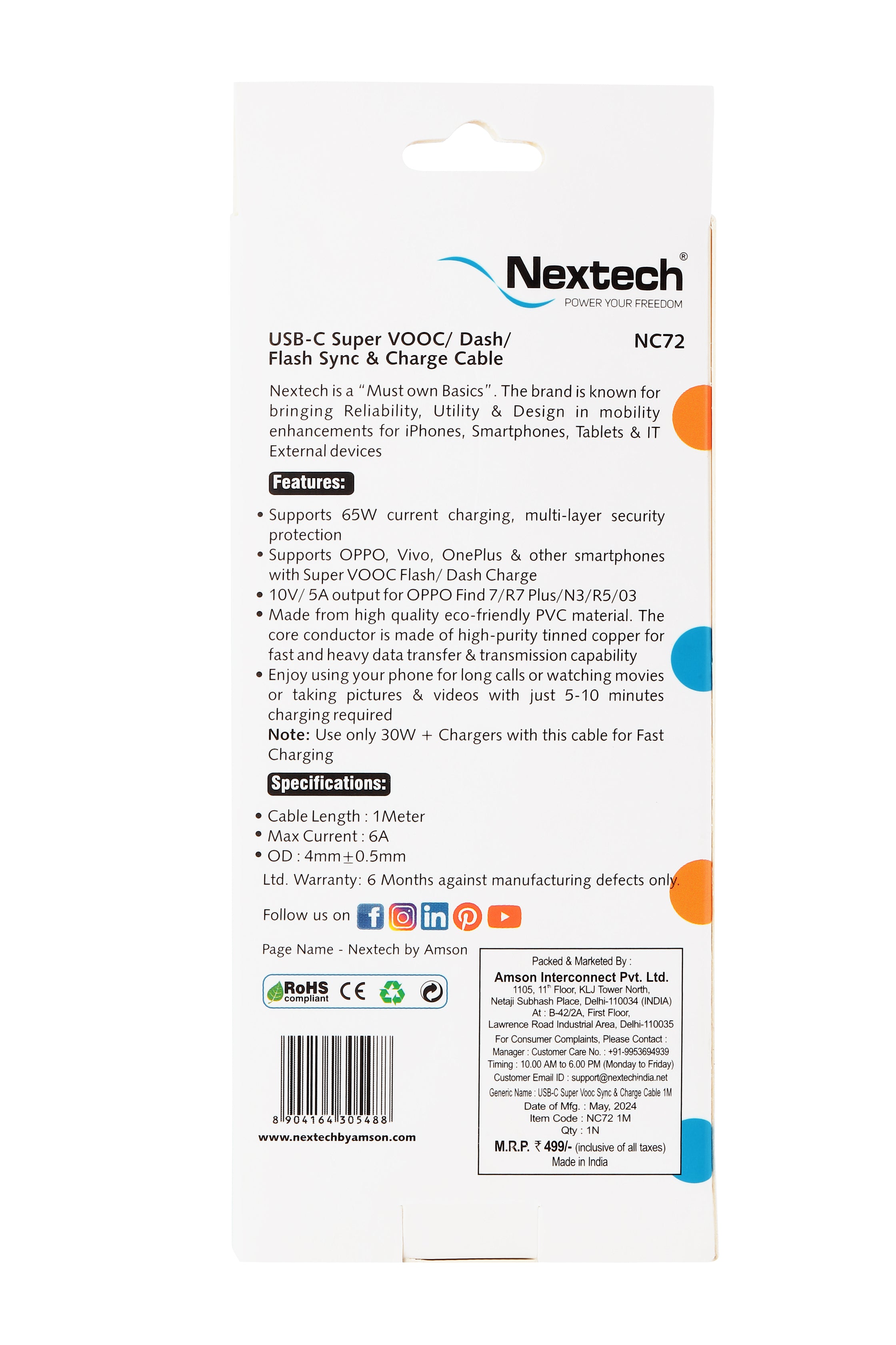 Nextech USB-A to USB-C 65W Fast Charging & Data Cable | VOOC/Dash Compatible, 1M