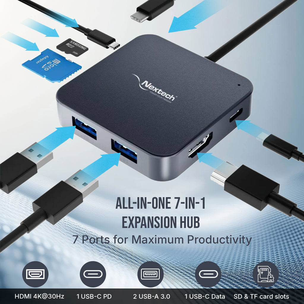 Nextech 7 in 1 USB-C Dock with 4K @30Hz HDMI, 2*USB 3.0, 1*100W Type-C PD, Type-C Data, TF/Micro SD Card Reader | Compatiable for Mac OS, Windows, Linux System, iPad, Android & All Type C Port Devices