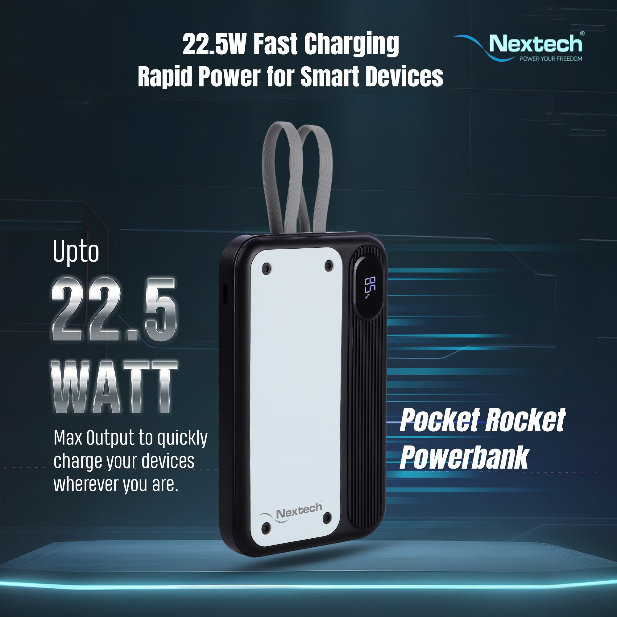 Nextech Pocket Rocket 10,000mAh Power Bank | PDQC 22.5W, Type-C & Lightning Built-in, QC 3.0 USB Port