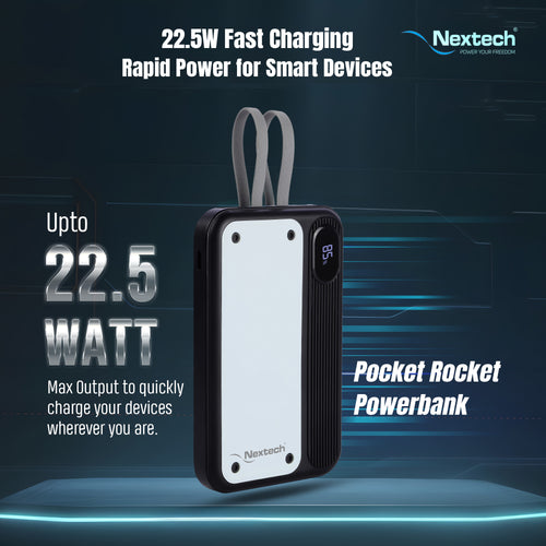 Nextech Pocket Rocket 10,000mAh Power Bank | PDQC 22.5W, Type-C & Lightning Built-in, QC 3.0 USB Port