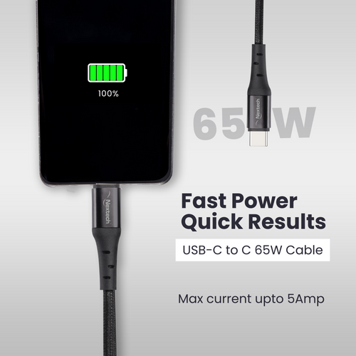 Nextech 65W USB-C to USB-C Fast Charging Cable | 5A, 2.44M Braided Cable | 480Mbps Data Sync, Black