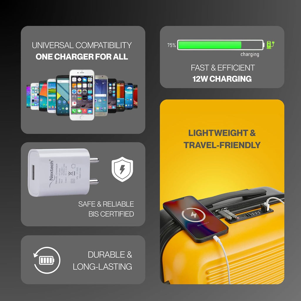 Nextech 12W 2.4A Single USB Fast Charger | BIS Certified | Universal Travel Adapter with USB-C Cable