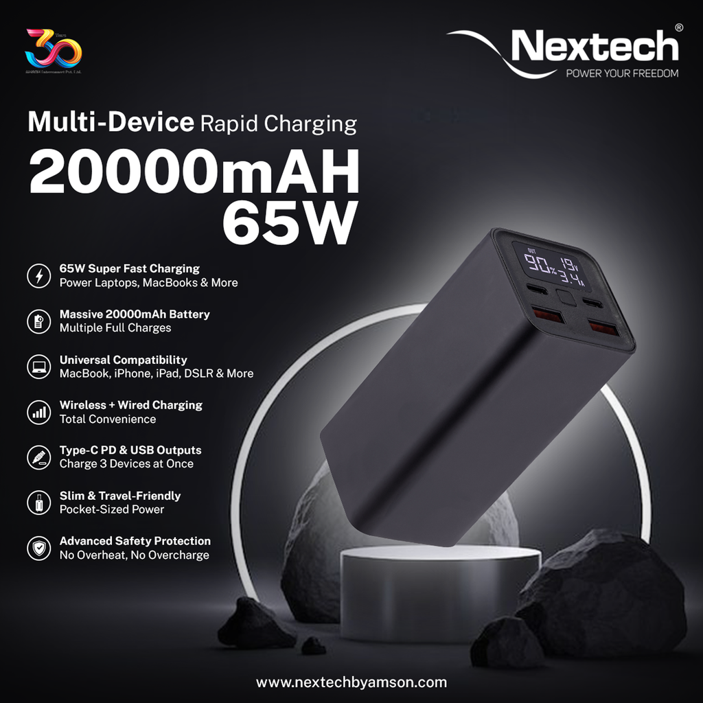 Nextech Tower 20000mAh Power Bank | 65W Fast Charging | USB-C, Universal Compatibility for iPhone, MacBook, Tablets & Smartphones