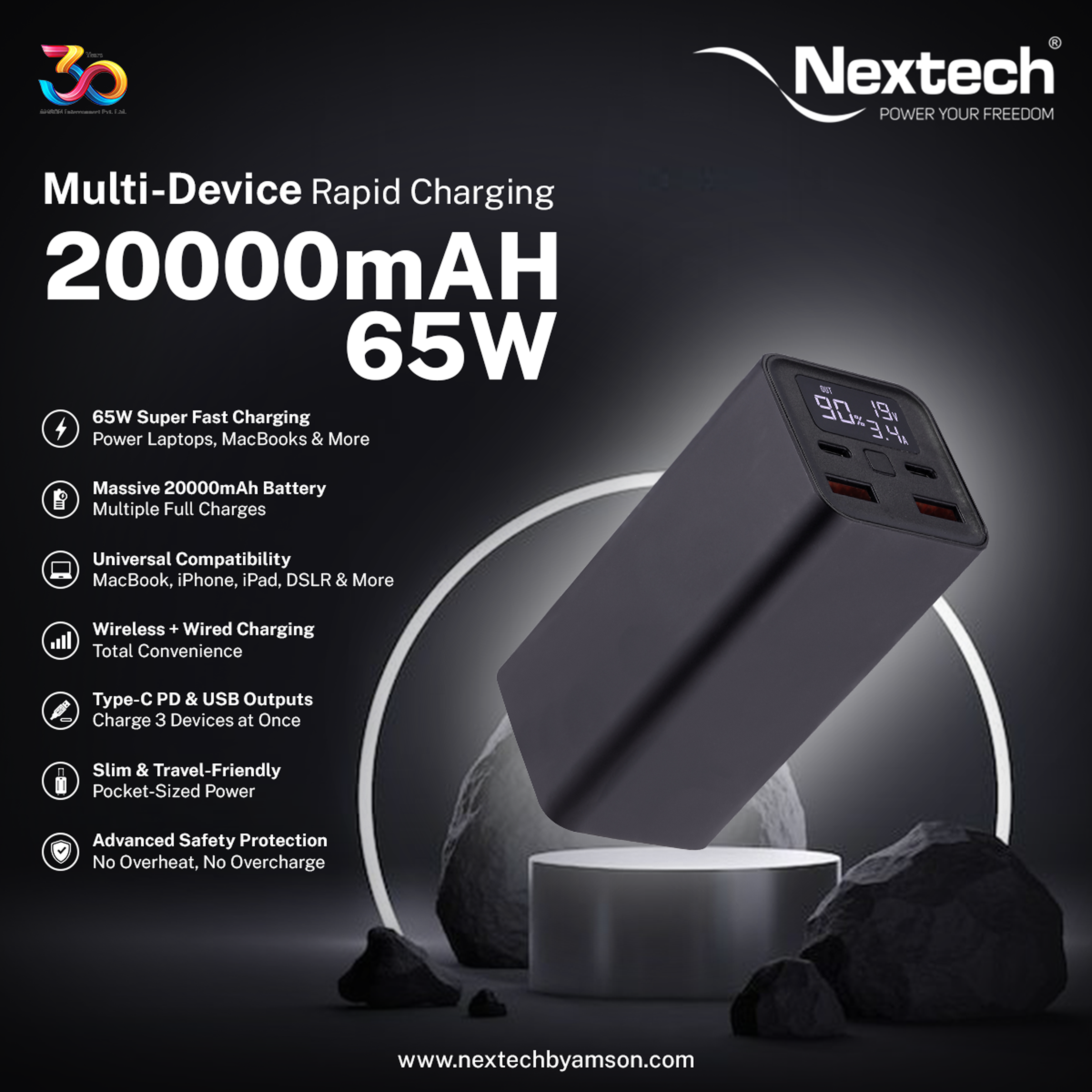 Nextech Tower 20000mAh Power Bank | 65W Fast Charging | USB-C, Universal Compatibility for iPhone, MacBook, Tablets & Smartphones