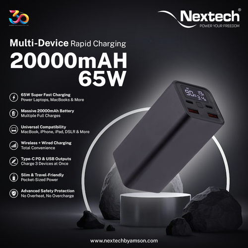 Nextech Tower 20000mAh Power Bank | 65W Fast Charging | USB-C, Universal Compatibility for iPhone, MacBook, Tablets & Smartphones