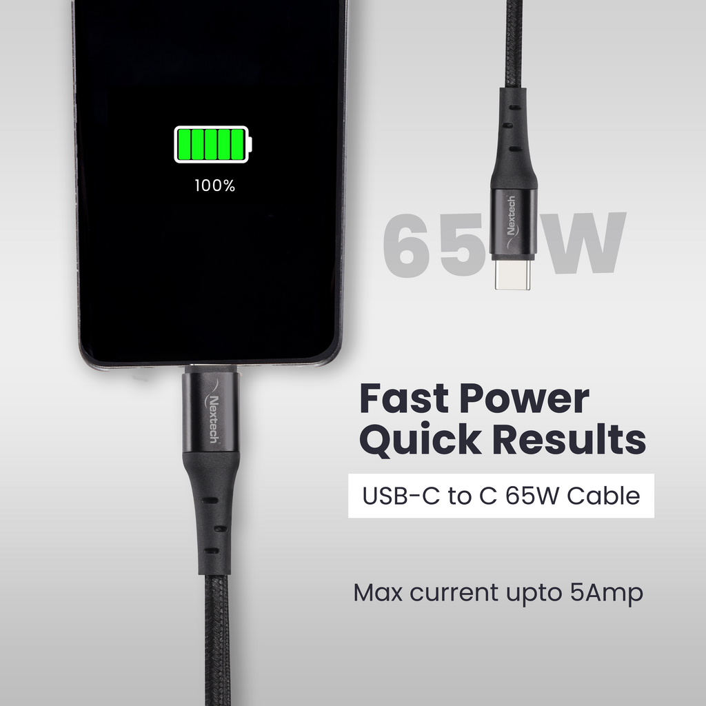Nextech USB-C to USB-C Cable – 65W Fast Charge, Durable Braided, 1.2M for Phones & Laptops