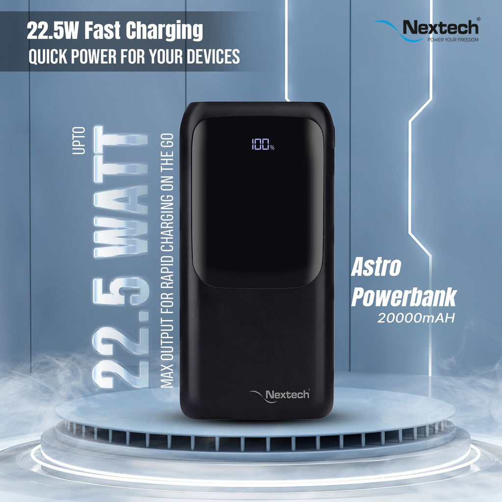 Nextech Astro 20000mAh Power Bank – Fast Charging 22.5W, Wireless, Dual Output/Input for Smartphones & Tablets