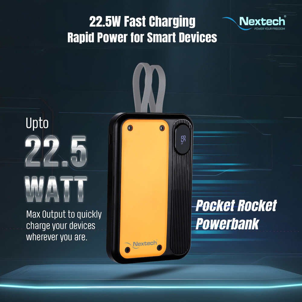 Nextech Pocket Rocket Power Bank 10,000mAh – Fast Charging, Built-in Type-C & Lightning Cables, Sporty Yellow