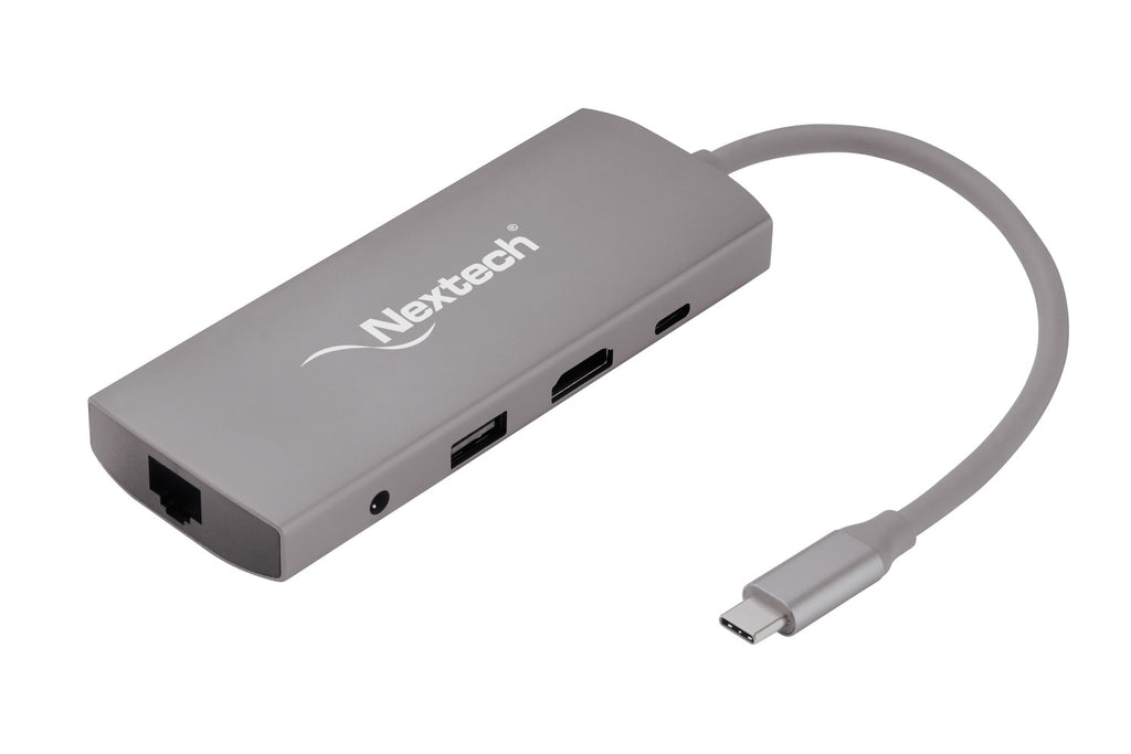 Nextech 9-in-1 USB-C Portable Docking Station | Type-C Adapter with 4K HDMI, Gigabit LAN, PD 100W Charging, USB 3.0 Ports, SD/TF Card Reader, Audio Jack | Compatible with MacBook, Windows | Grey