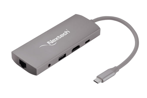 Nextech 9-in-1 USB-C Portable Docking Station | Type-C Adapter with 4K HDMI, Gigabit LAN, PD 100W Charging, USB 3.0 Ports, SD/TF Card Reader, Audio Jack | Compatible with MacBook, Windows | Grey