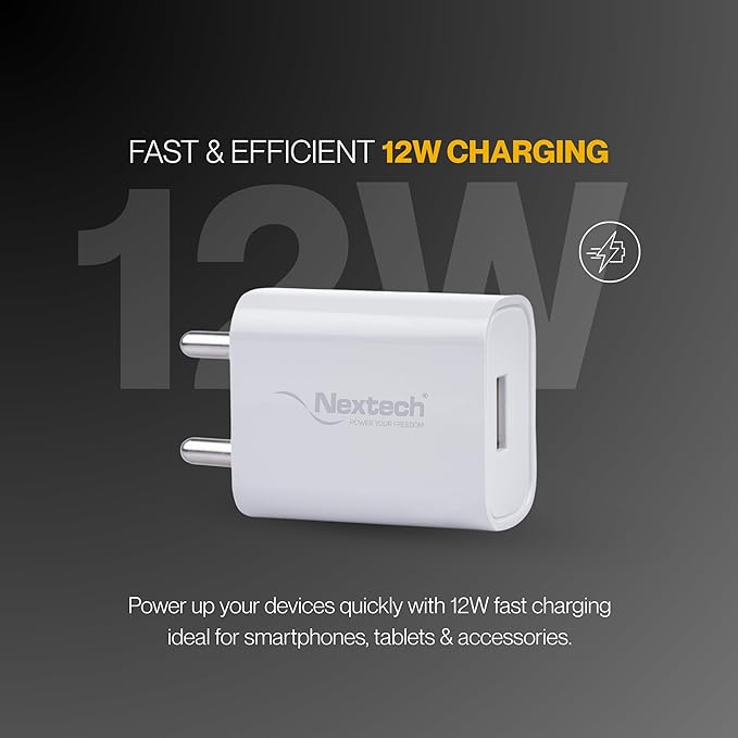 Nextech 12W 2.4A Single USB Fast Charger | BIS Certified | Universal Travel Adapter with USB-C Cable