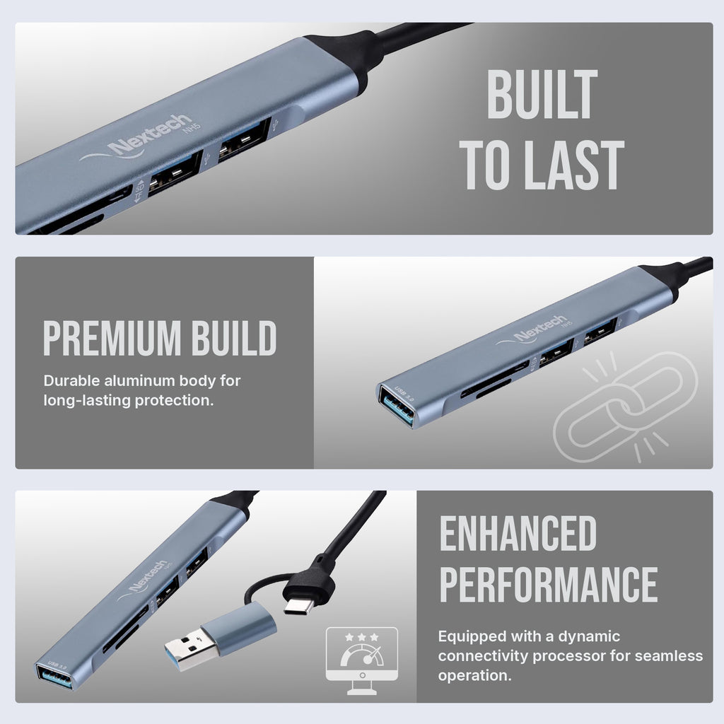 Nextech 5-in-2 USB-C Hub – SD/MicroSD Card Reader + 3 USB Ports for Laptop, PC & Mobile Devices