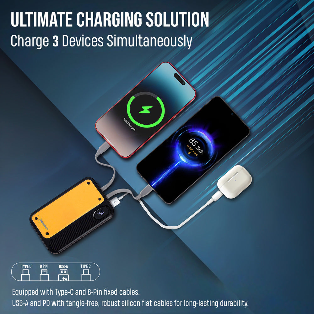 Nextech Pocket Rocket Power Bank 10,000mAh – Fast Charging, Built-in Type-C & Lightning Cables, Sporty Yellow