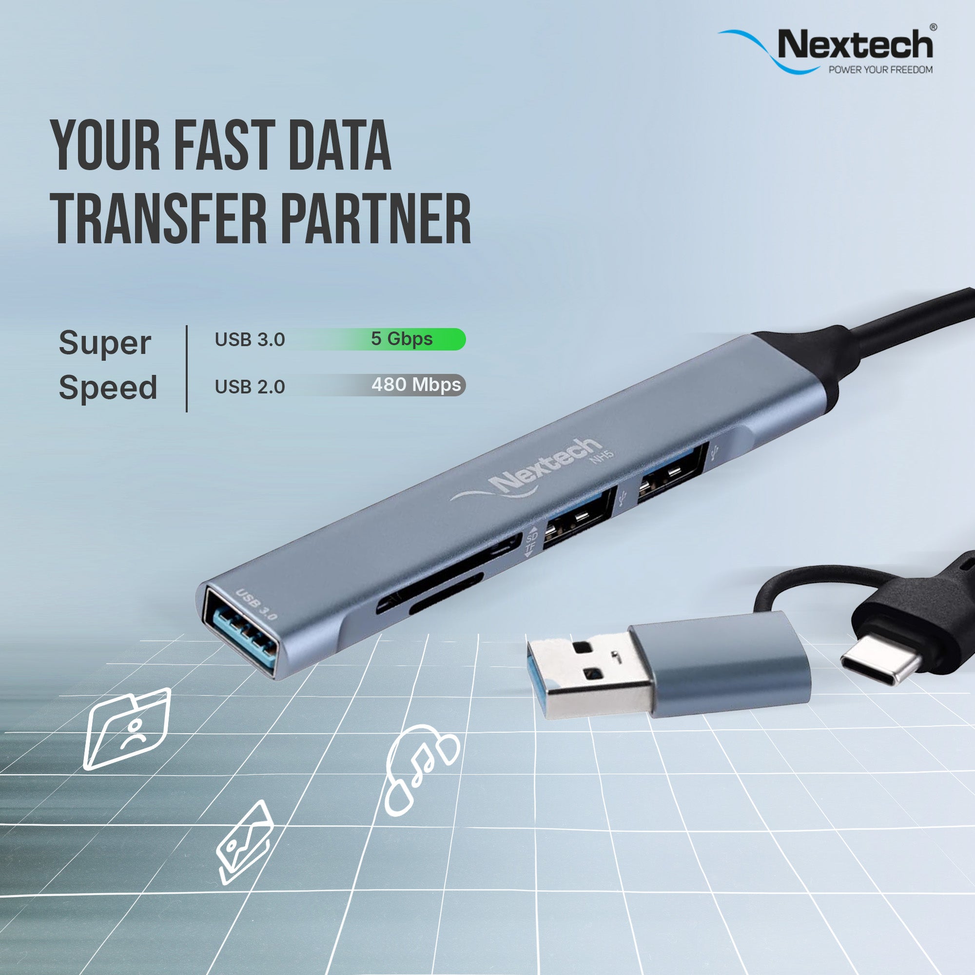 Nextech 5-in-2 USB-C Hub – SD/MicroSD Card Reader + 3 USB Ports for Laptop, PC & Mobile Devices