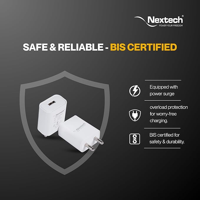 Nextech 12W 2.4A Single USB Fast Charger | BIS Certified | Universal Travel Adapter with USB-C Cable