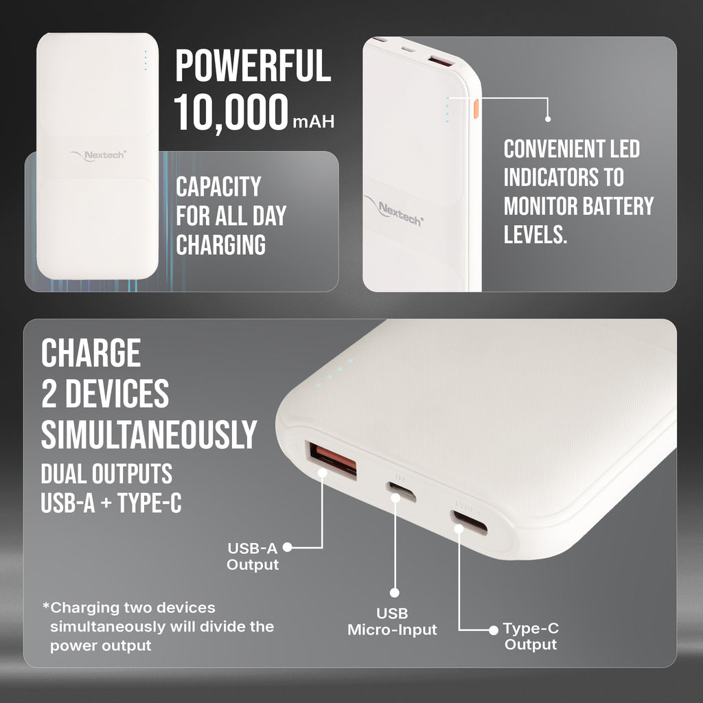 Nextech Slender Ultra-Slim 10000mAh Power Bank | PDQC 22.5W Fast Charge, Type-C & USB Output