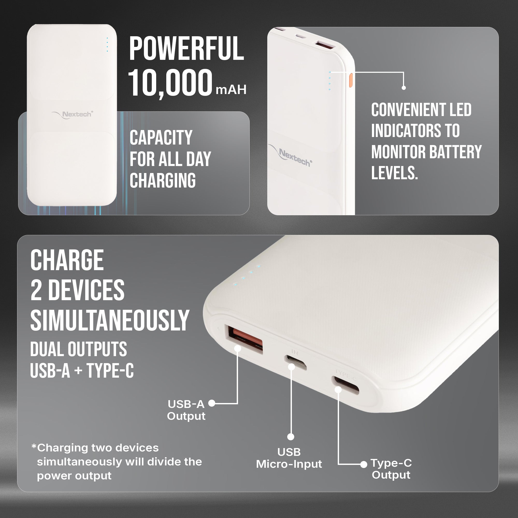 Nextech Slender Ultra-Slim 10000mAh Power Bank | PDQC 22.5W Fast Charge, Type-C & USB Output