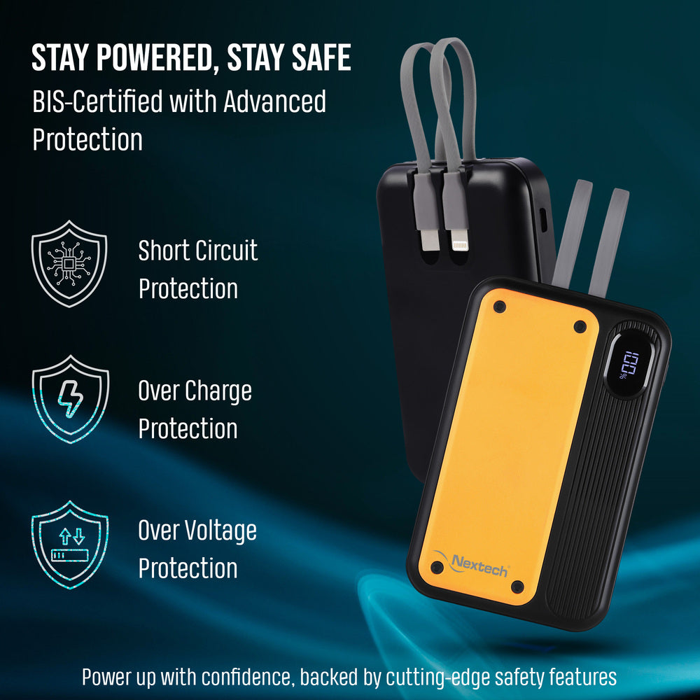 Nextech Pocket Rocket Power Bank 10,000mAh – Fast Charging, Built-in Type-C & Lightning Cables, Sporty Yellow