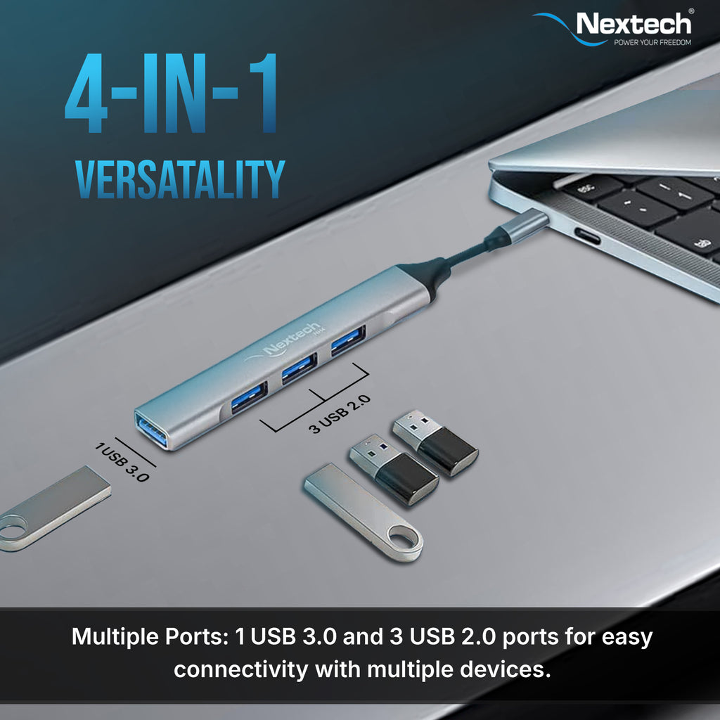 Nextech 4-in-1 USB-C to USB-A Hub | USB 3.0 + 3 USB 2.0 Ports | Laptop Docking Station for MacBook & PC