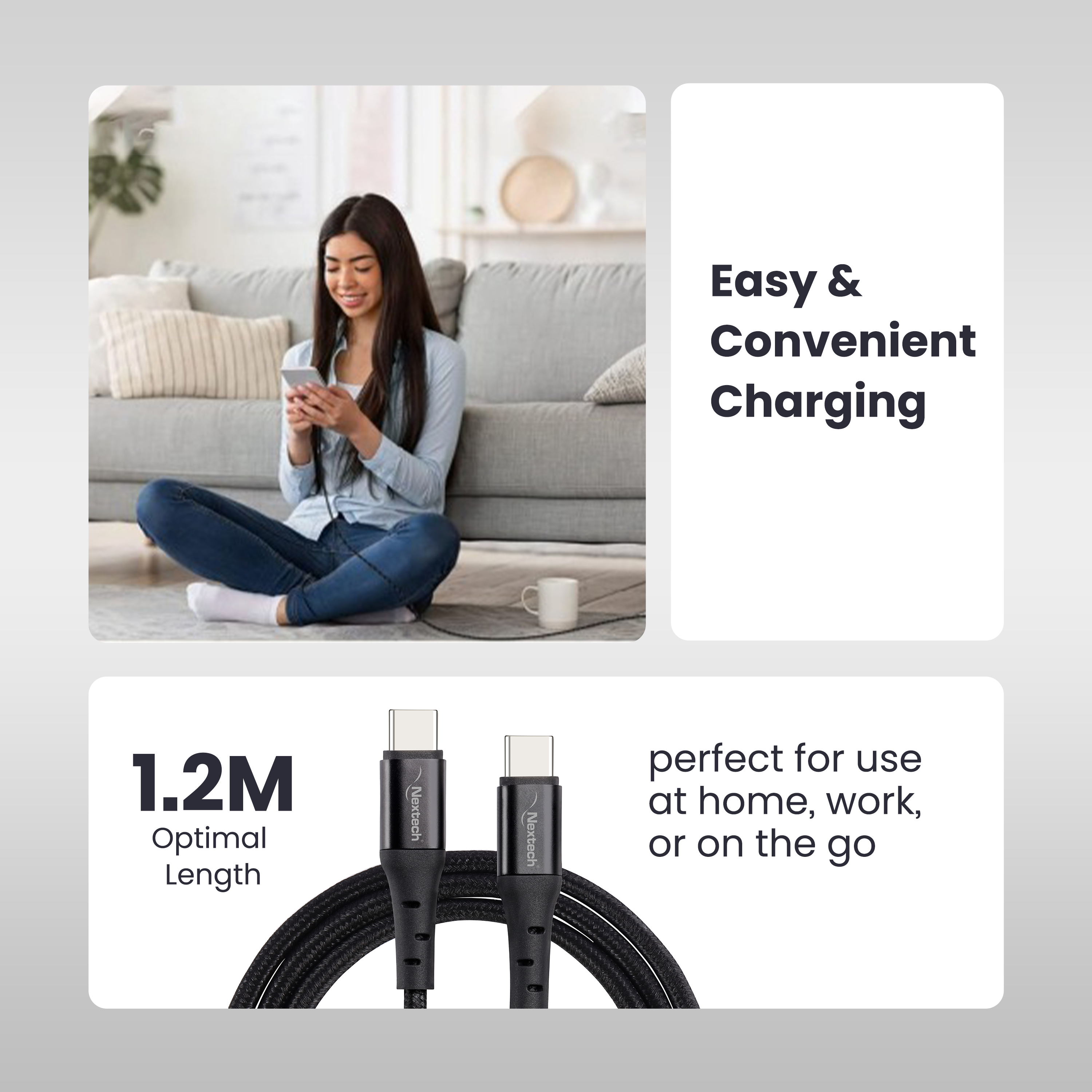 Nextech USB-C to USB-C Cable – 65W Fast Charge, Durable Braided, 1.2M for Phones & Laptops