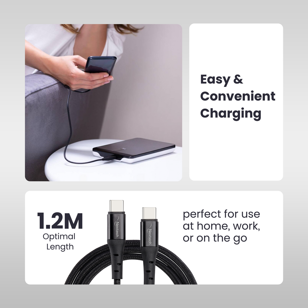 Nextech USB-C to USB-C Cable – 65W Fast Charge, Durable Braided, 1.2M for Phones & Laptops