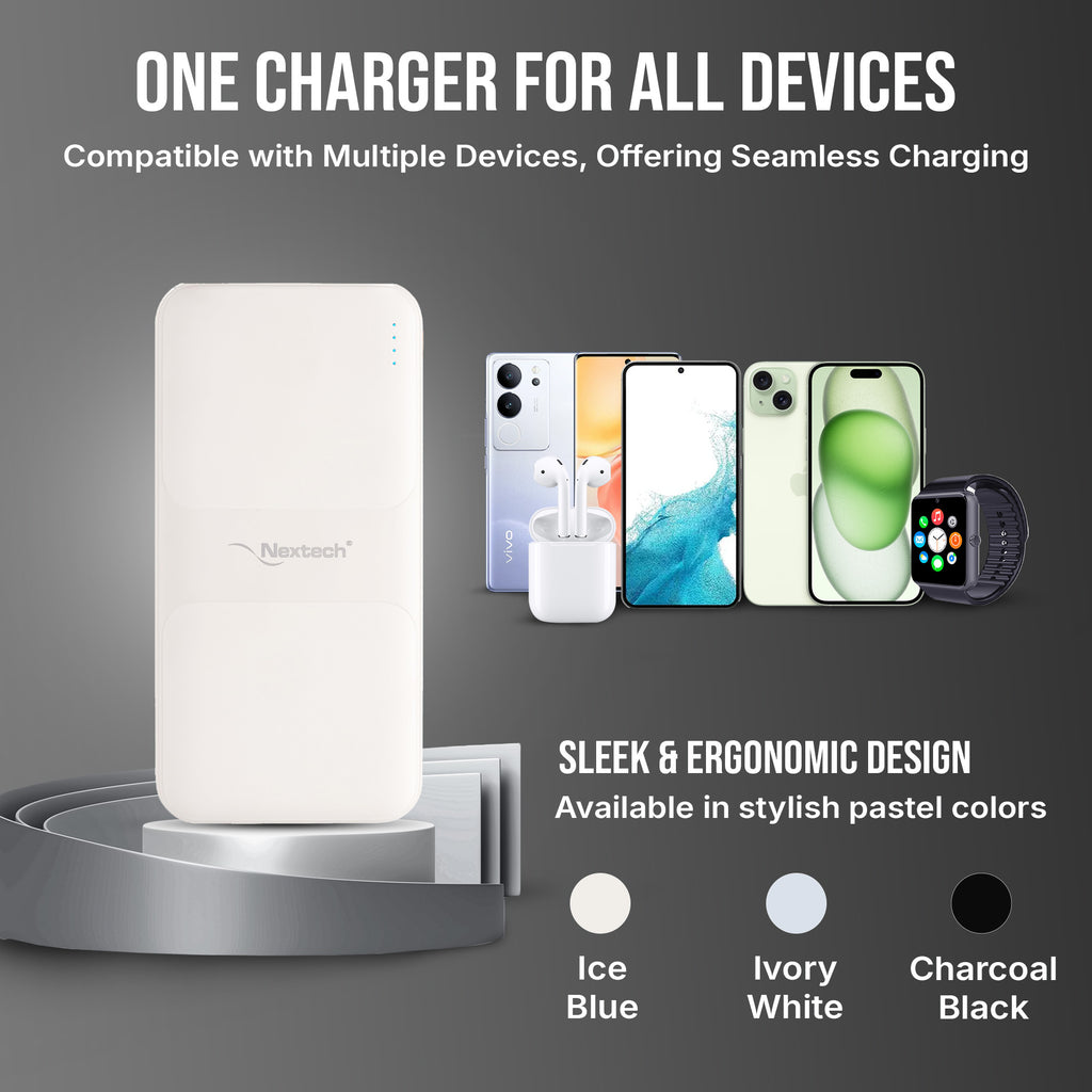 Nextech Slender Ultra-Slim 10000mAh Power Bank | PDQC 22.5W Fast Charge, Type-C & USB Output
