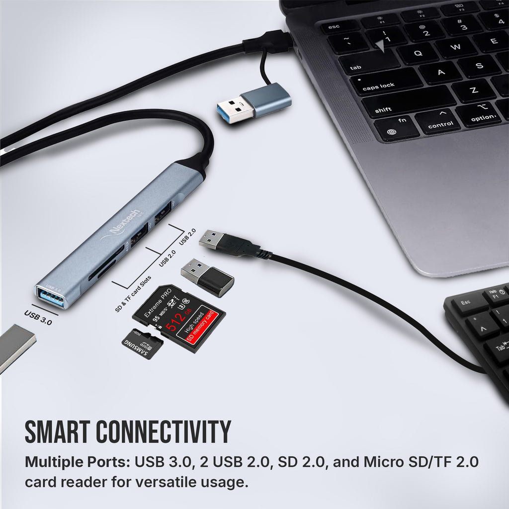 Nextech 5-in-2 USB-C Hub – SD/MicroSD Card Reader + 3 USB Ports for Laptop, PC & Mobile Devices