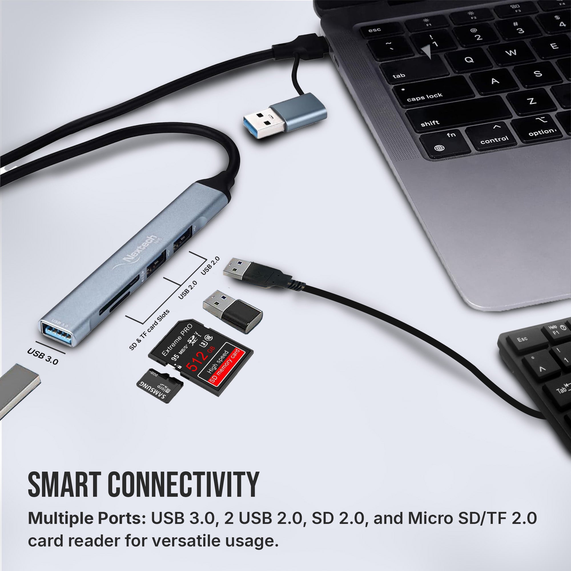 Nextech 5-in-2 USB-C Hub – SD/MicroSD Card Reader + 3 USB Ports for Laptop, PC & Mobile Devices