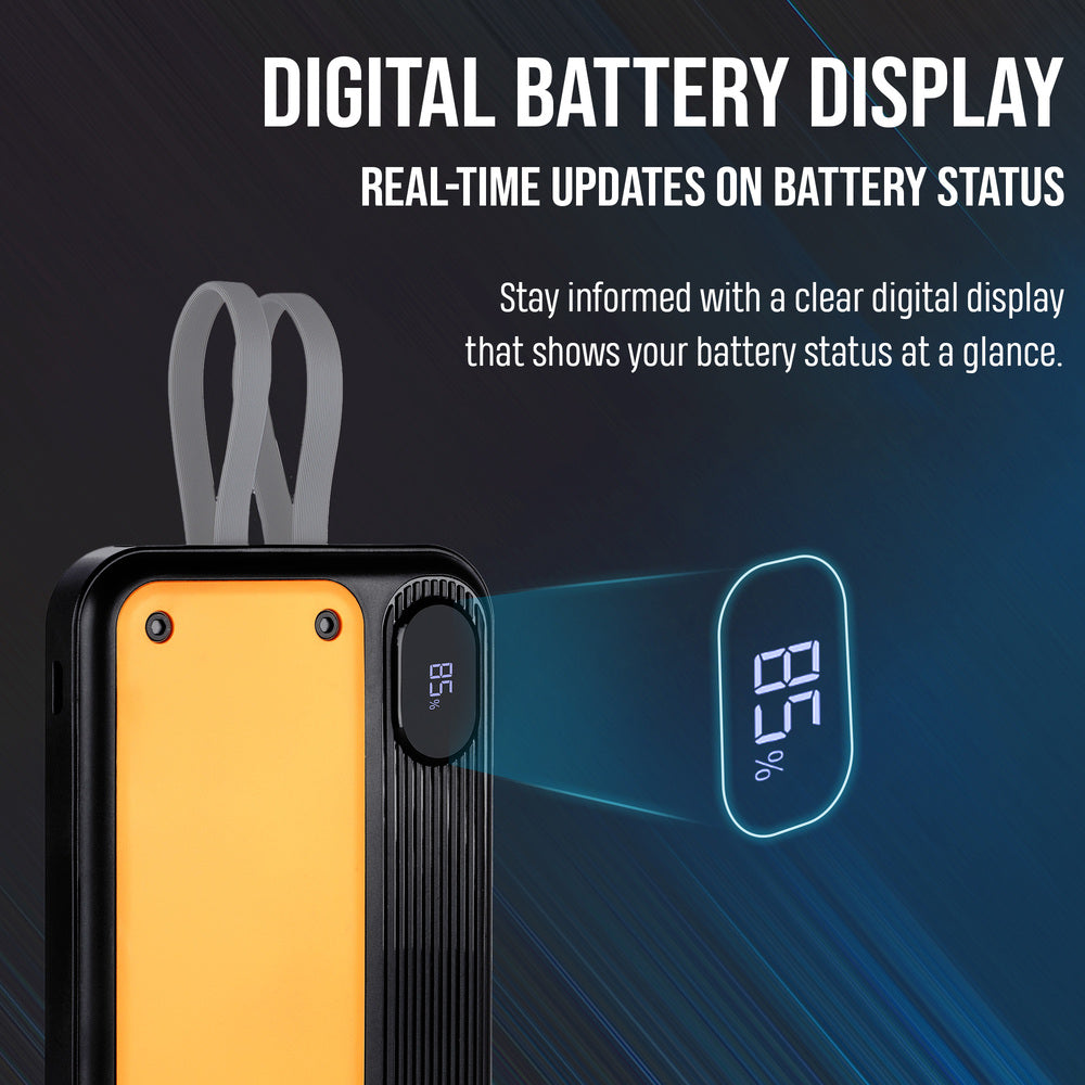 Nextech Pocket Rocket Power Bank 10,000mAh – Fast Charging, Built-in Type-C & Lightning Cables, Sporty Yellow