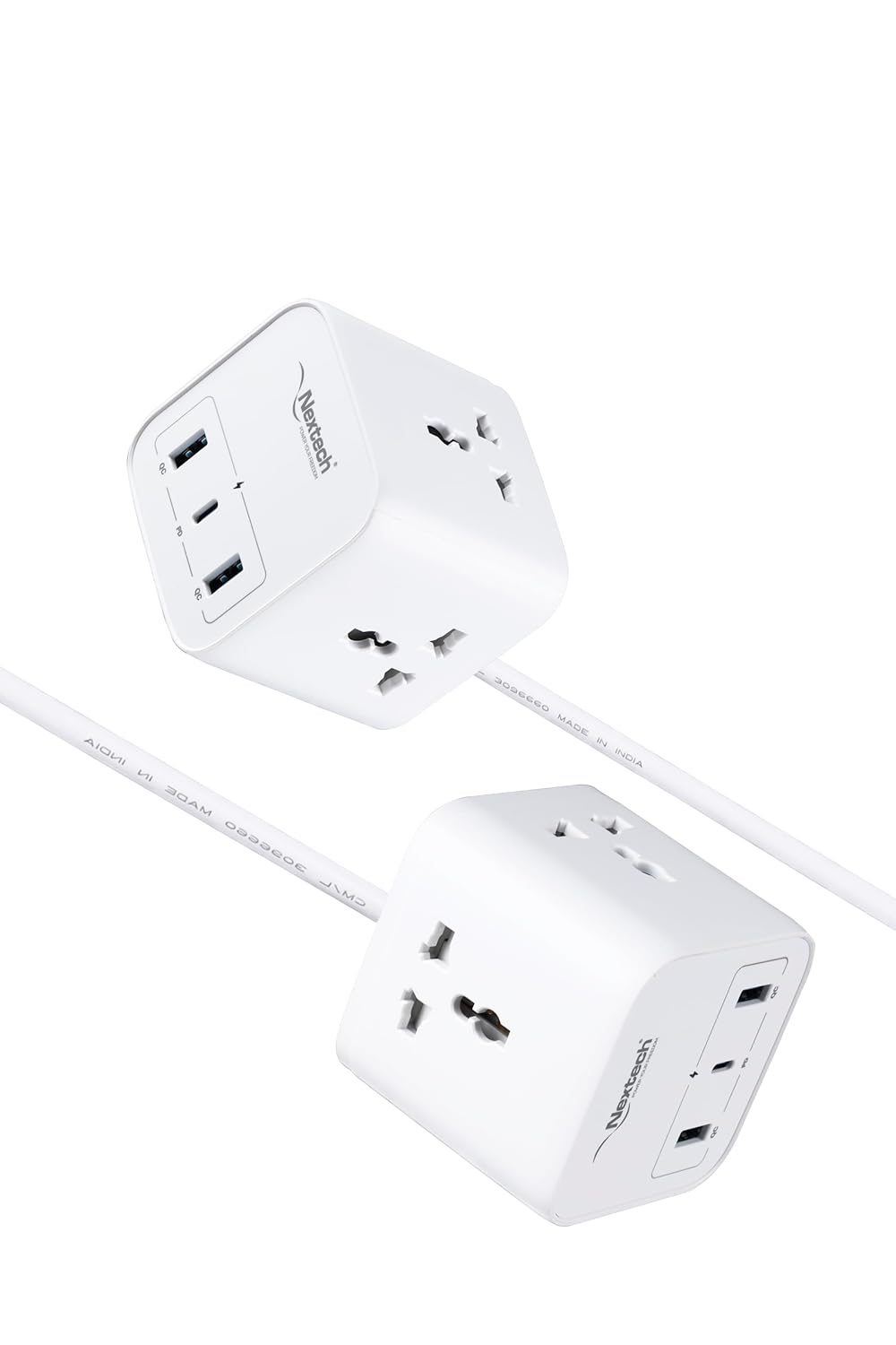 Nextech Cube 20 Power Hub | 2500W Extension Cube with 3 AC Sockets, 20W Type-C PD & 18W USB Fast Charging | 2M Copper Cable