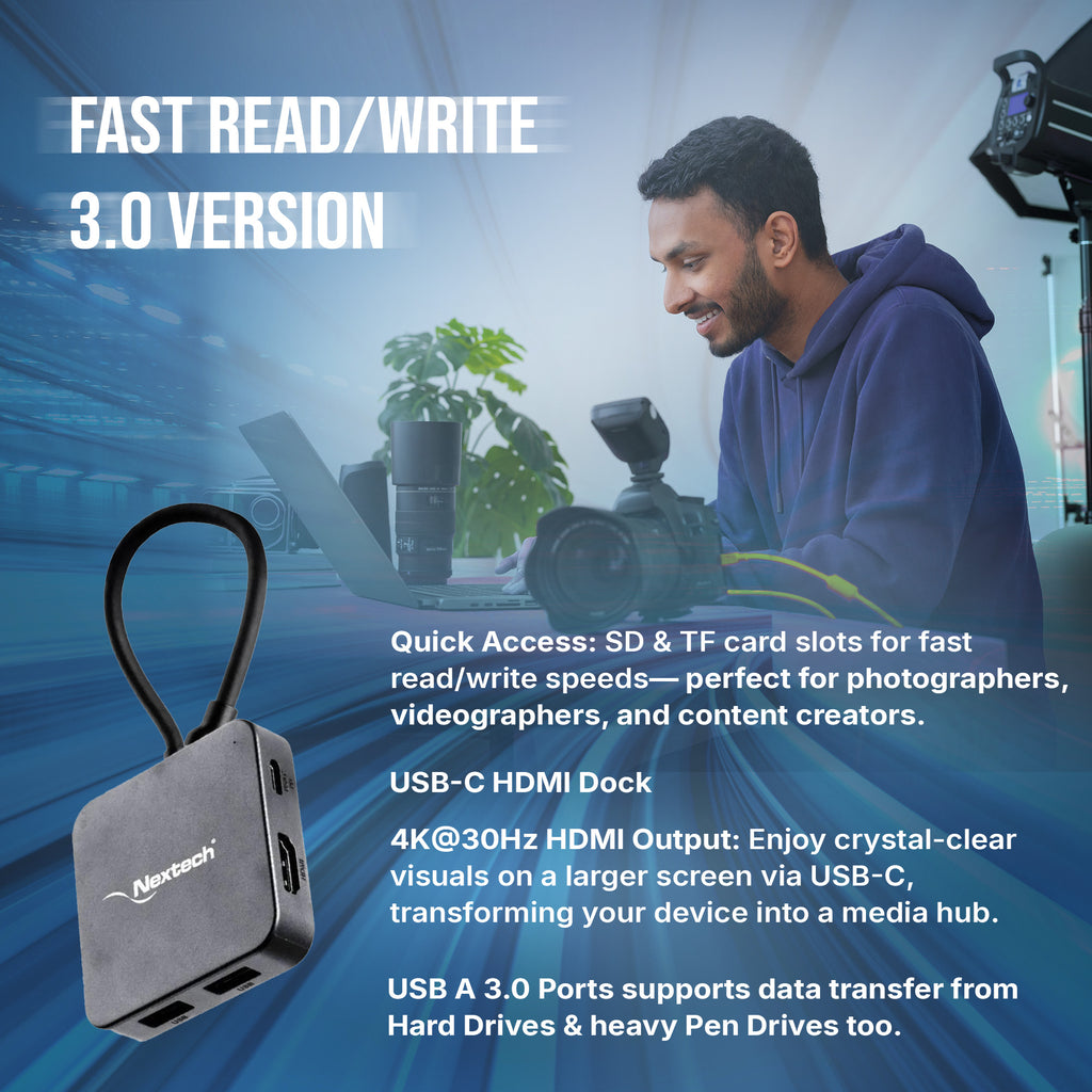 Nextech 7 in 1 USB-C Dock with 4K @30Hz HDMI, 2*USB 3.0, 1*100W Type-C PD, Type-C Data, TF/Micro SD Card Reader | Compatiable for Mac OS, Windows, Linux System, iPad, Android & All Type C Port Devices