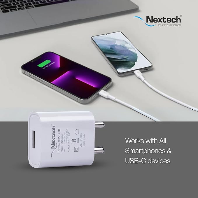 Nextech 12W 2.4A Single USB Fast Charger | BIS Certified | Universal Travel Adapter with USB-C Cable