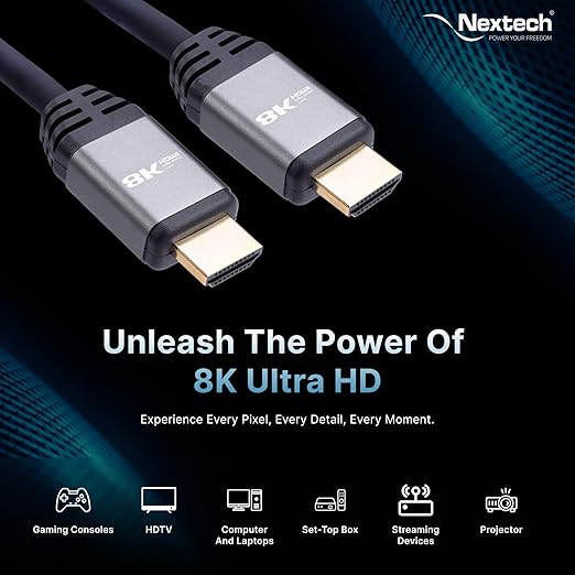 Nextech 8K HDMI 2.1 Ultra High Speed Cable | 48Gbps | 8K@60Hz & 4K@120Hz | eARC & 3D Support | 1.8M