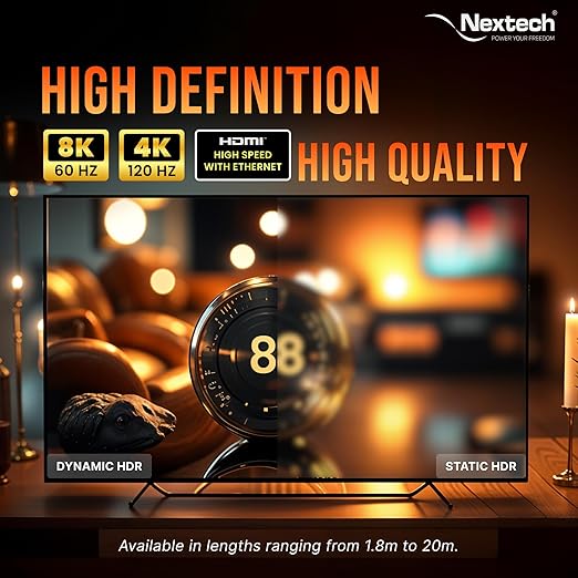 Nextech 8K HDMI 2.1 Ultra High Speed Cable | 48Gbps | 8K@60Hz & 4K@120Hz | eARC & 3D Support | 1.8M