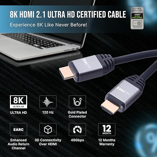 Nextech 8K HDMI 2.1 Ultra High Speed Cable | 48Gbps | 8K@60Hz & 4K@120Hz | eARC & 3D Support | 1.8M