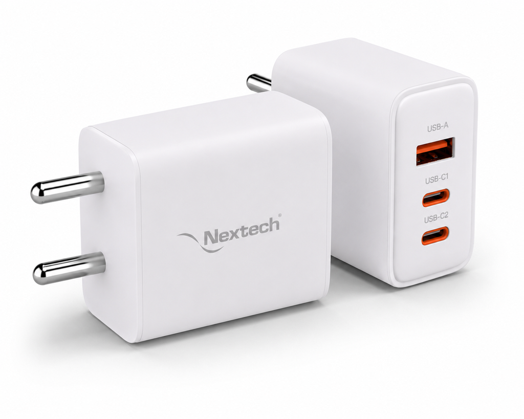 Nextech 45W GaN PD + QC 3.0 Fast Charger | Dual Port USB-C (45W) + USB-A (30W) Wall Charger | PPS, Smart IC Protection | Super Fast Charging Adapter for Smartphones, Tablets, Earbuds & More | White