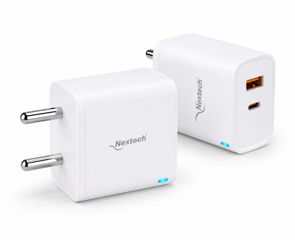 Nextech 45W GaN PD + QC 3.0 Fast Charger | Dual Port USB-C (45W) + USB-A (30W) Wall Charger | PPS, Smart IC Protection | Super Fast Charging Adapter for Smartphones, Tablets, Earbuds & More | White