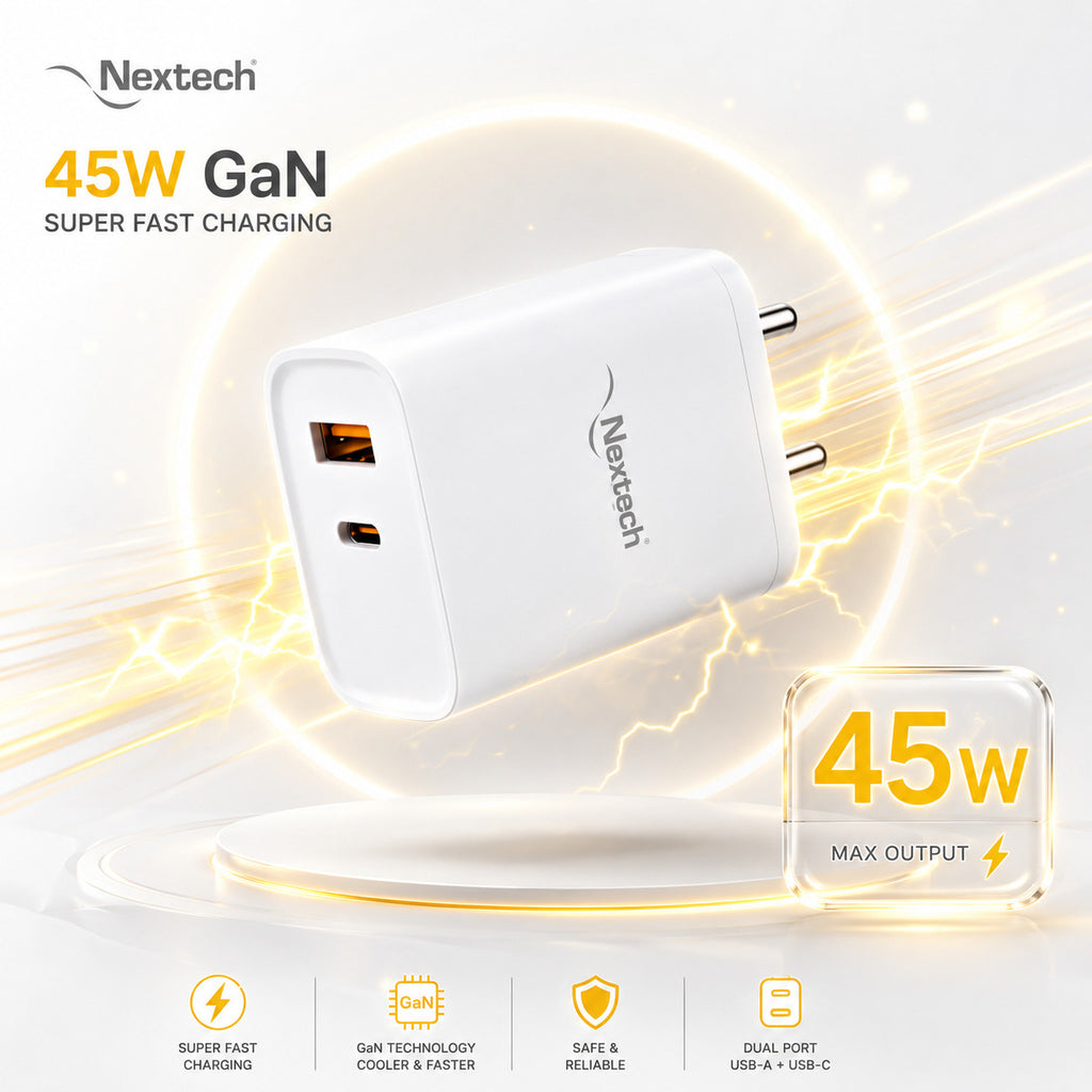 Nextech 45W GaN PD + QC 3.0 Fast Charger | Dual Port USB-C (45W) + USB-A (30W) Wall Charger | PPS, Smart IC Protection | Super Fast Charging Adapter for Smartphones, Tablets, Earbuds & More | White