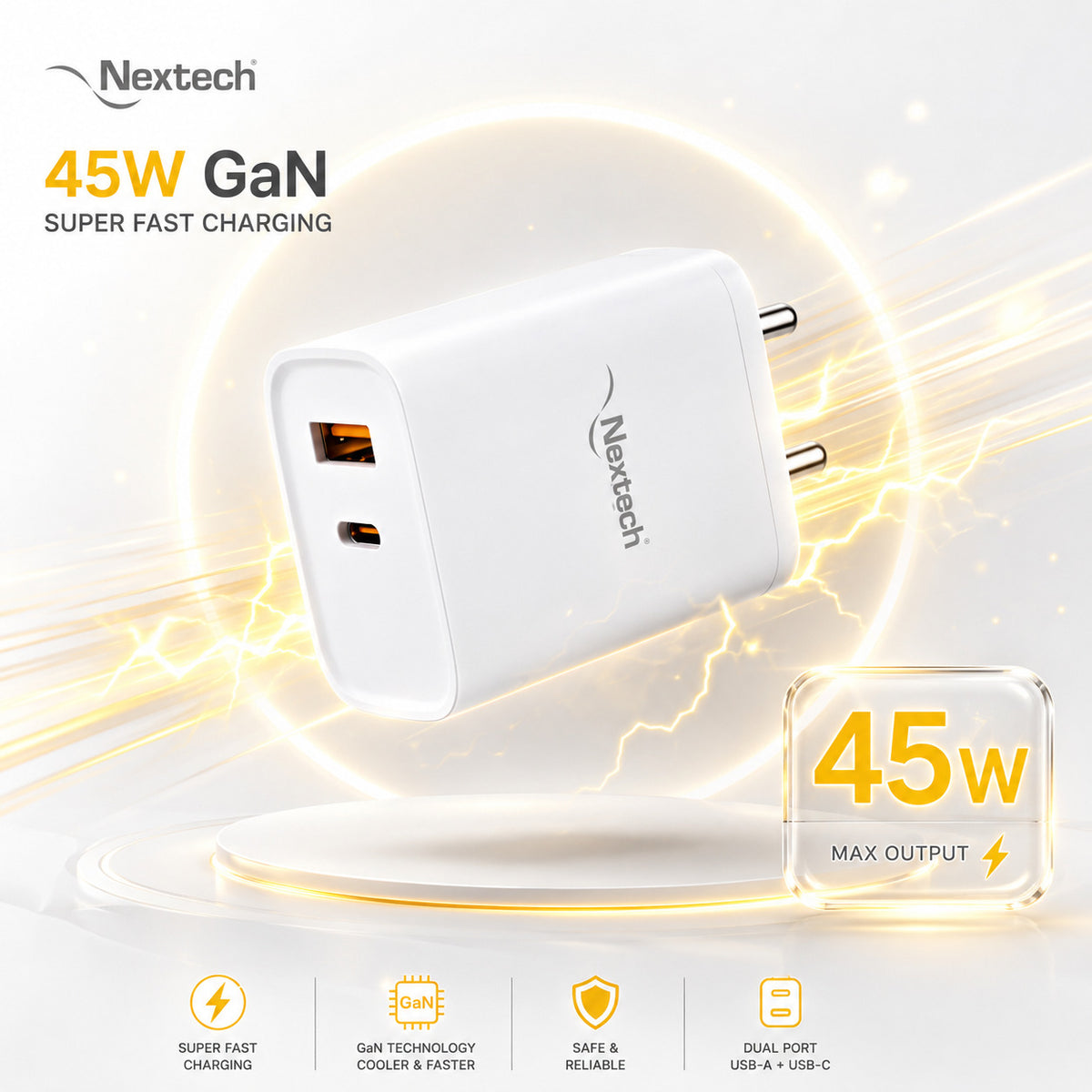 Nextech 45W GaN PD + QC 3.0 Fast Charger | Dual Port USB-C (45W) + USB-A (30W) Wall Charger | PPS, Smart IC Protection | Super Fast Charging Adapter for Smartphones, Tablets, Earbuds & More | White