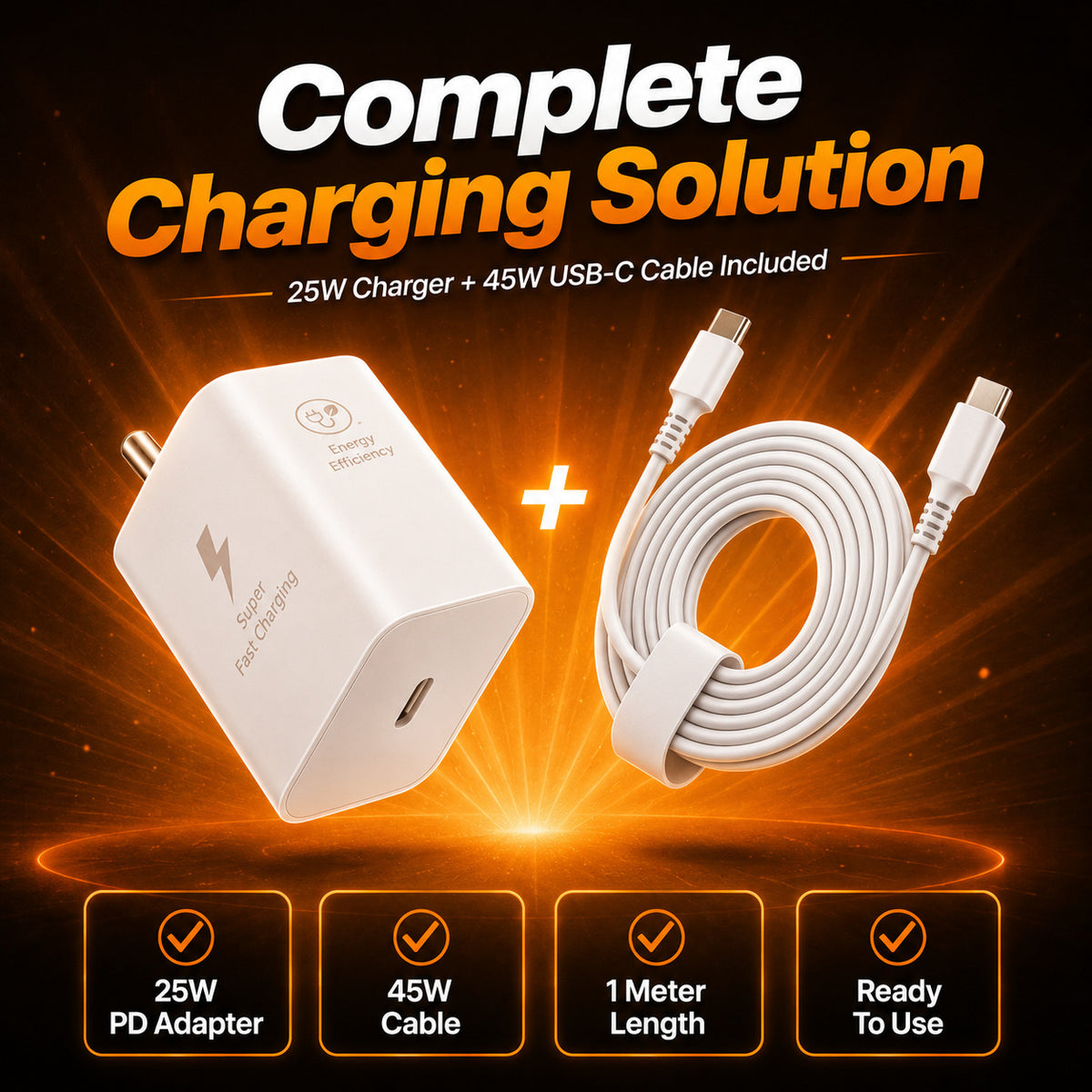 Nextech 25W PD Fast Charger Combo with 45W Type-C to Type-C Cable, White