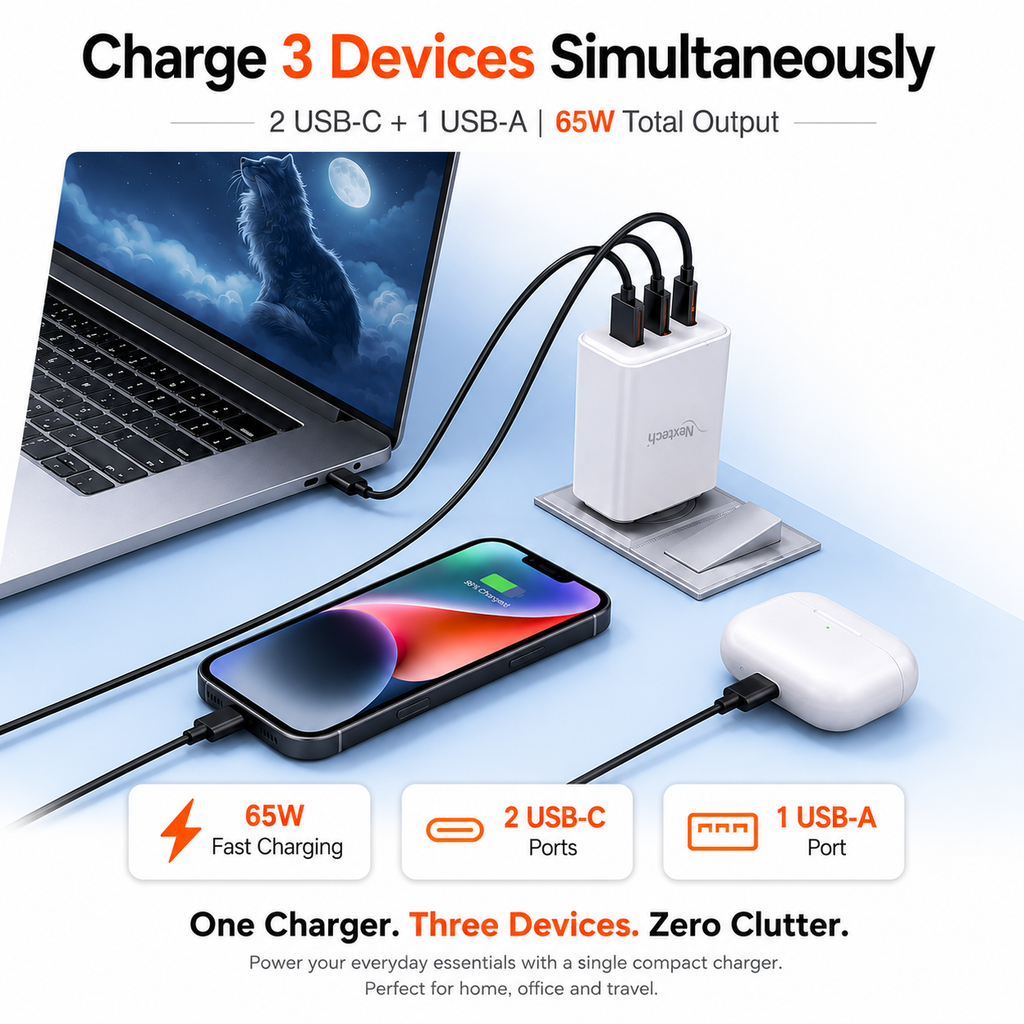 Nextech 45W GaN PD + QC 3.0 Fast Charger | Dual Port USB-C (45W) + USB-A (30W) Wall Charger | PPS, Smart IC Protection | Super Fast Charging Adapter for Smartphones, Tablets, Earbuds & More | White