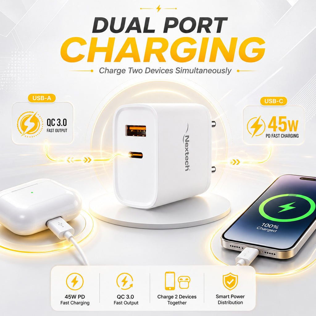 Nextech 45W GaN PD + QC 3.0 Fast Charger | Dual Port USB-C (45W) + USB-A (30W) Wall Charger | PPS, Smart IC Protection | Super Fast Charging Adapter for Smartphones, Tablets, Earbuds & More | White
