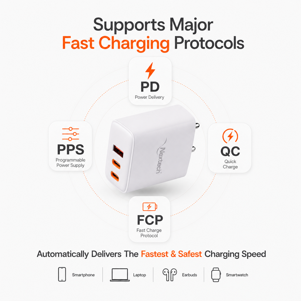 Nextech 45W GaN PD + QC 3.0 Fast Charger | Dual Port USB-C (45W) + USB-A (30W) Wall Charger | PPS, Smart IC Protection | Super Fast Charging Adapter for Smartphones, Tablets, Earbuds & More | White