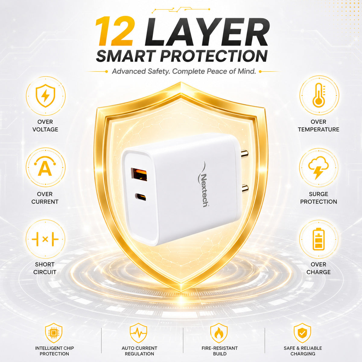 Nextech 45W GaN PD + QC 3.0 Fast Charger | Dual Port USB-C (45W) + USB-A (30W) Wall Charger | PPS, Smart IC Protection | Super Fast Charging Adapter for Smartphones, Tablets, Earbuds & More | White