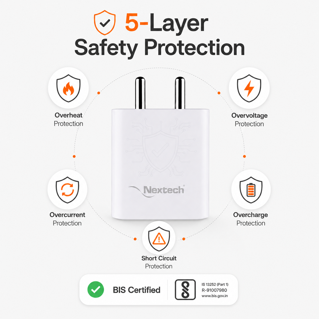 Nextech 45W GaN PD + QC 3.0 Fast Charger | Dual Port USB-C (45W) + USB-A (30W) Wall Charger | PPS, Smart IC Protection | Super Fast Charging Adapter for Smartphones, Tablets, Earbuds & More | White