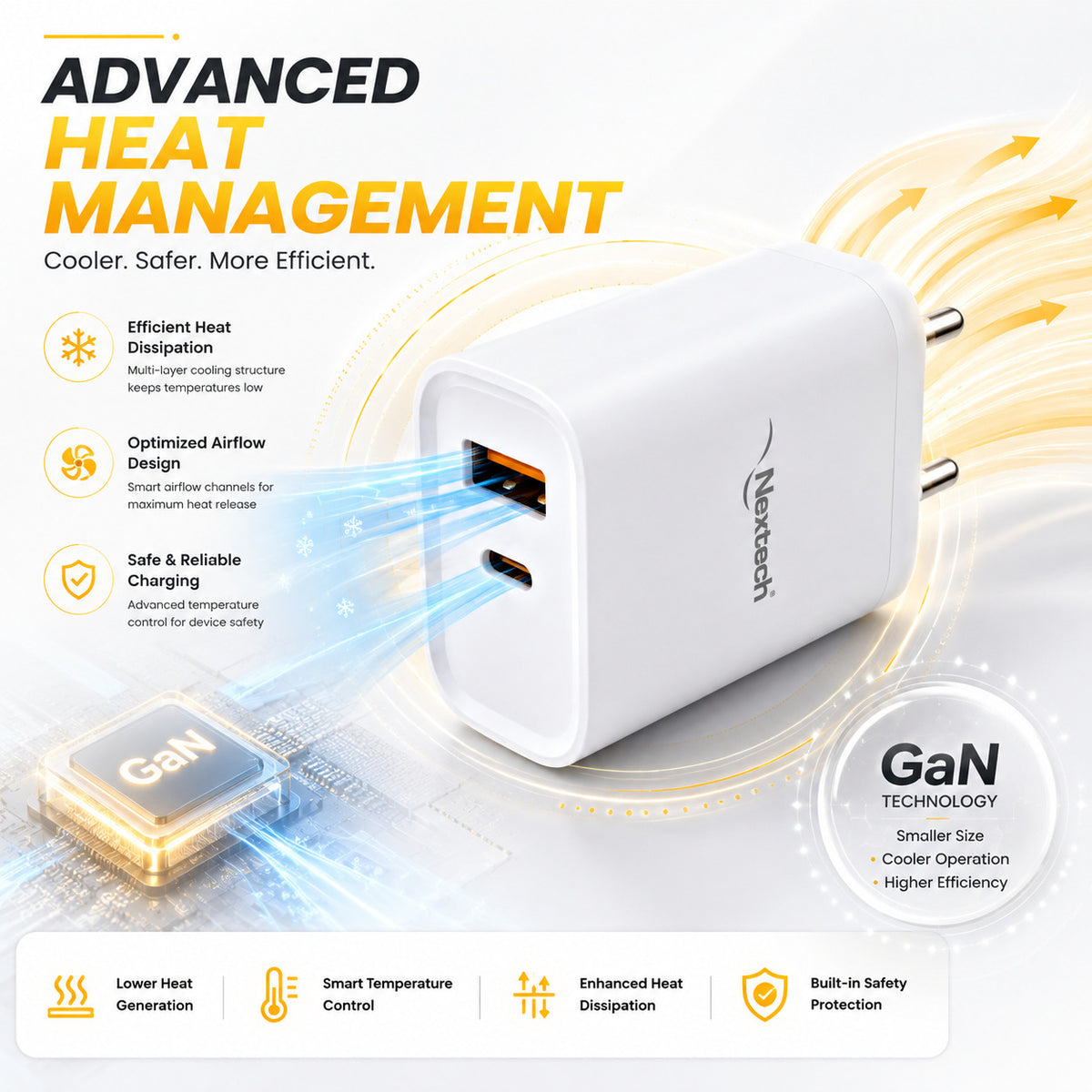 Nextech 45W GaN PD + QC 3.0 Fast Charger | Dual Port USB-C (45W) + USB-A (30W) Wall Charger | PPS, Smart IC Protection | Super Fast Charging Adapter for Smartphones, Tablets, Earbuds & More | White