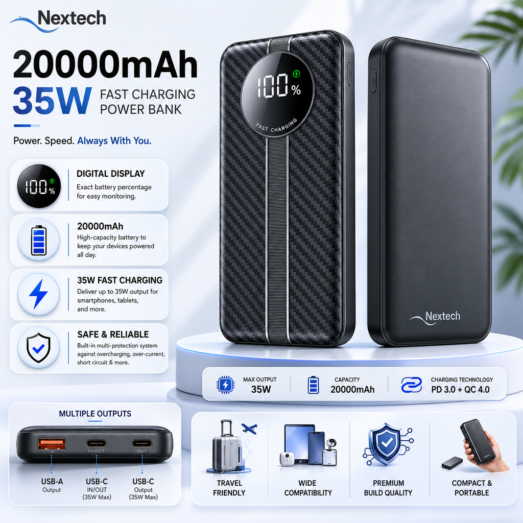 Nextech 20000mAh 35w Powerbank fast charging, Compatible with Laptop,Smartphones