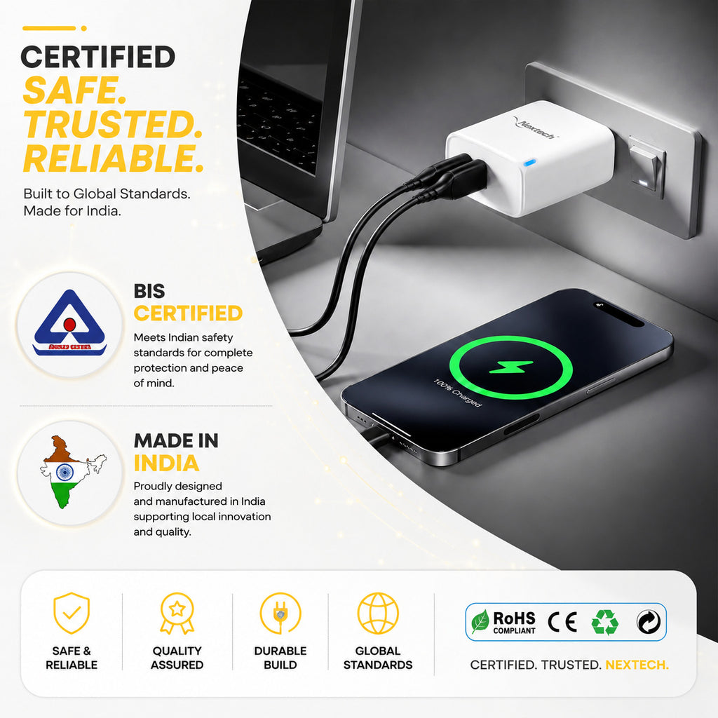 Nextech 45W GaN PD + QC 3.0 Fast Charger | Dual Port USB-C (45W) + USB-A (30W) Wall Charger | PPS, Smart IC Protection | Super Fast Charging Adapter for Smartphones, Tablets, Earbuds & More | White